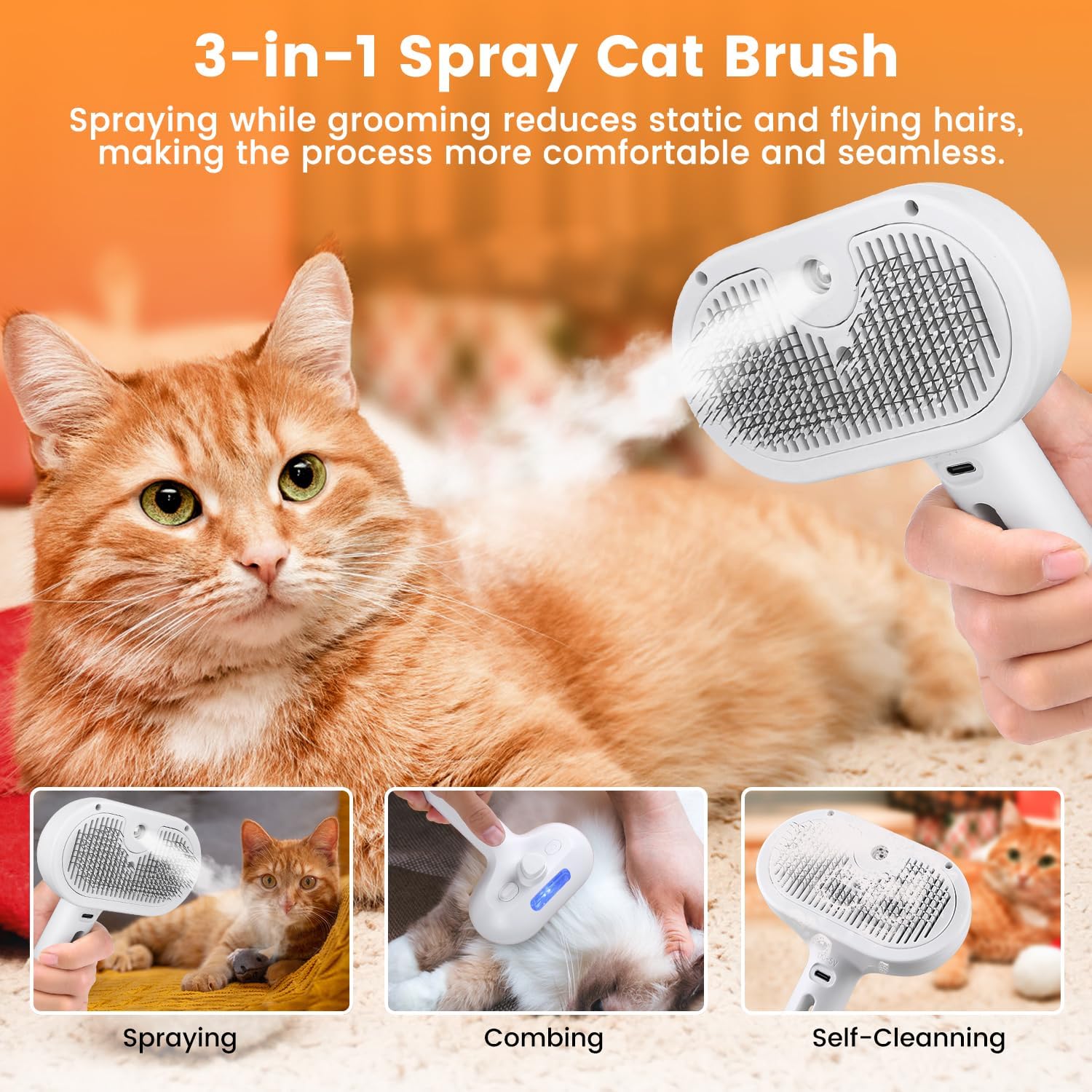 3-in-1 Steam Grooming Brush for Dogs & Cats